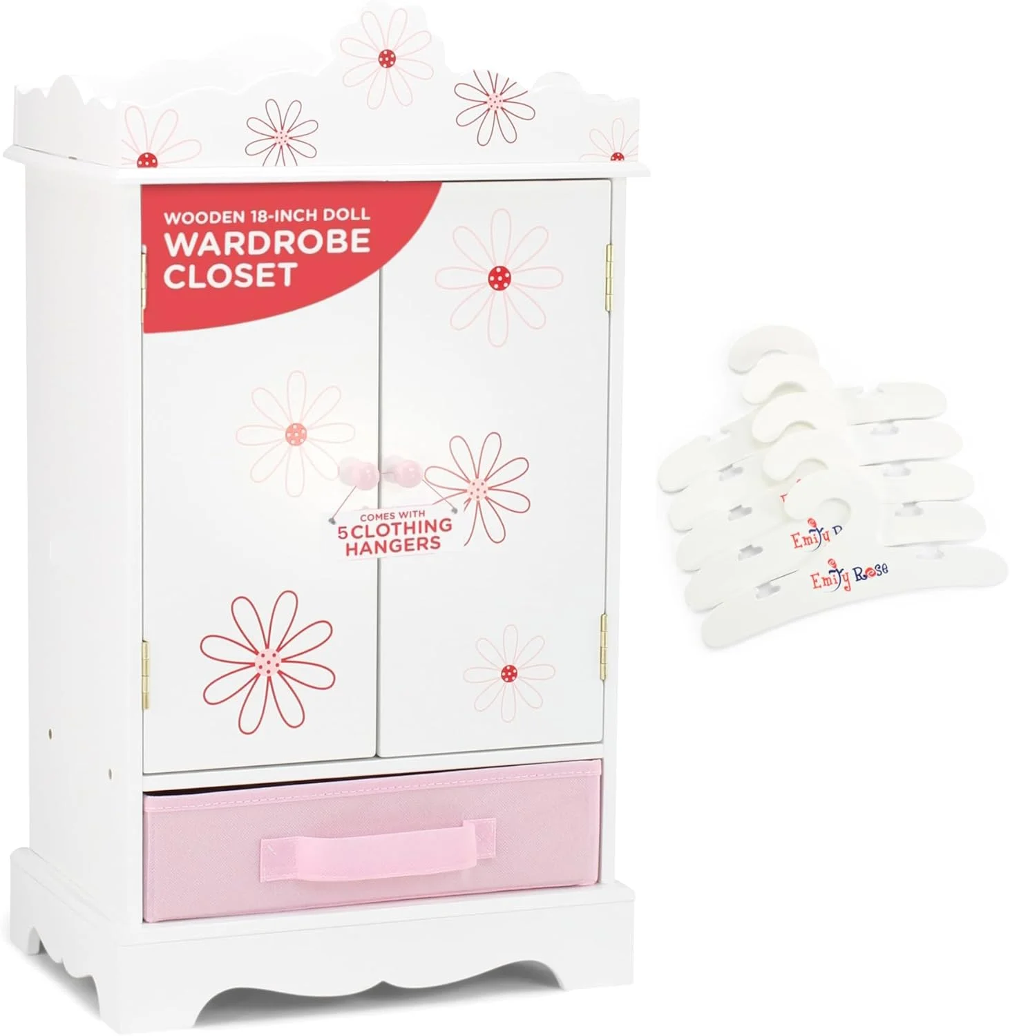 

Шкаф-гардероб для кукол 18 дюймов с цветочным узором, 5 вешалками и выдвижным ящиком - деревянный шкаф для хранения кукол American Girl