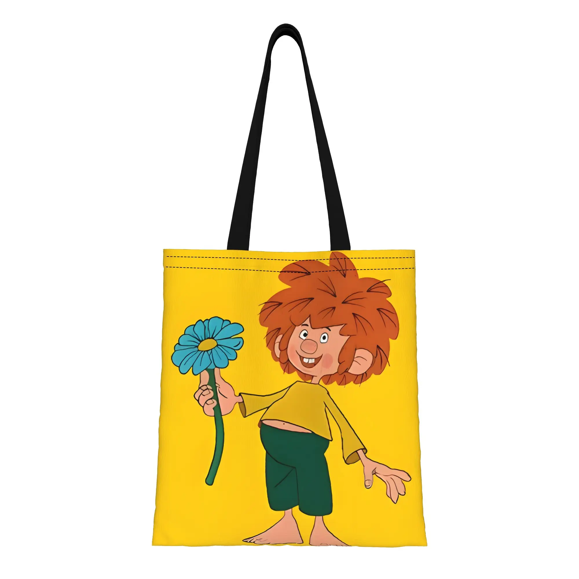 

1PC Pumuckl Gives A Beautiful Blue Flower Pumuckl Meister Eder Canvas Tote Bag Durable Fade-Resistant with Sturdy Shoulder Great