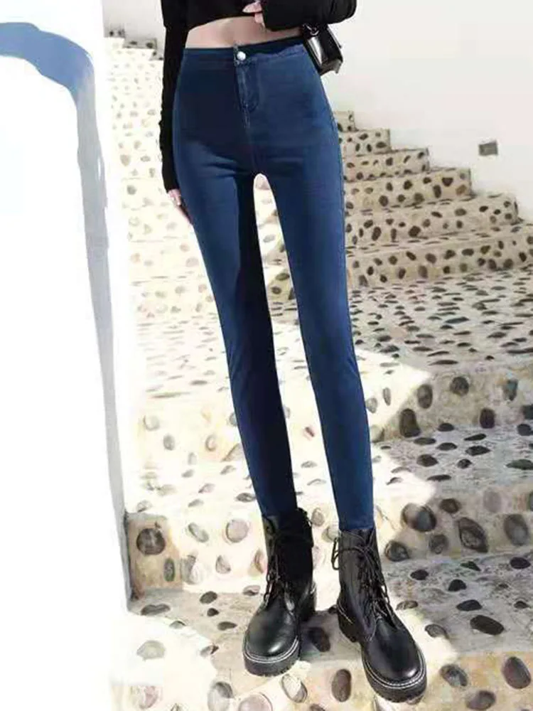 Femmes maigre Stretch crayon jean mode coréenne taille haute Vintage mince Denim pantalon printemps automne nouveau Streetwear solide Vaqueros