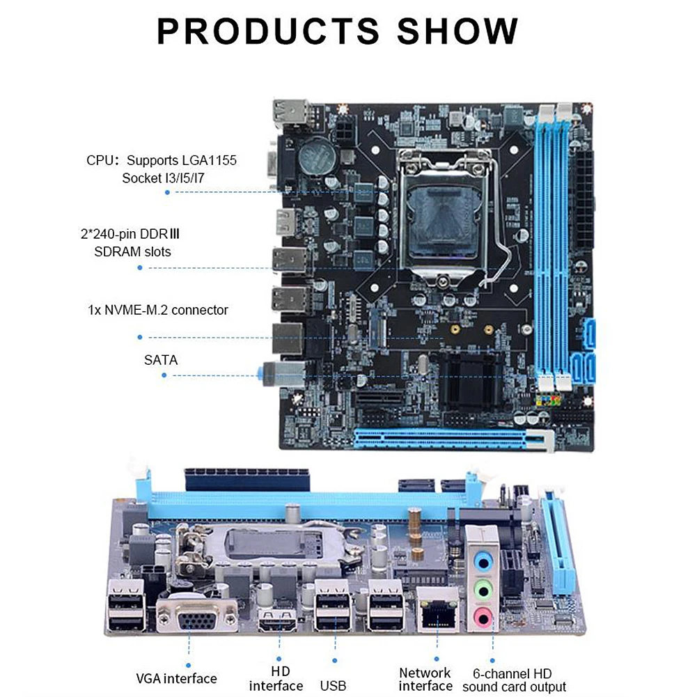 H61 Материнская плата компьютера 16 ГБ Micro-ATX Основная плата ПК LGA1155 Разъем I3/I5/I7 Процессор 4 X SATA 2.0 Realtek 10/100 Мбит/с Встроенная локальная сеть