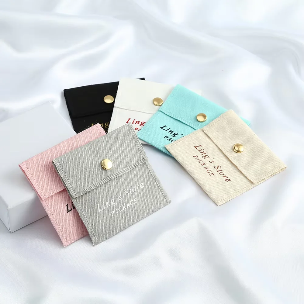 

100pcs Customized 8x8cm Cotton Snap Jewelry Organizer Bag Canvas Muslin Flap Pouch Cosmetic Travel Fashion Gift Organizer