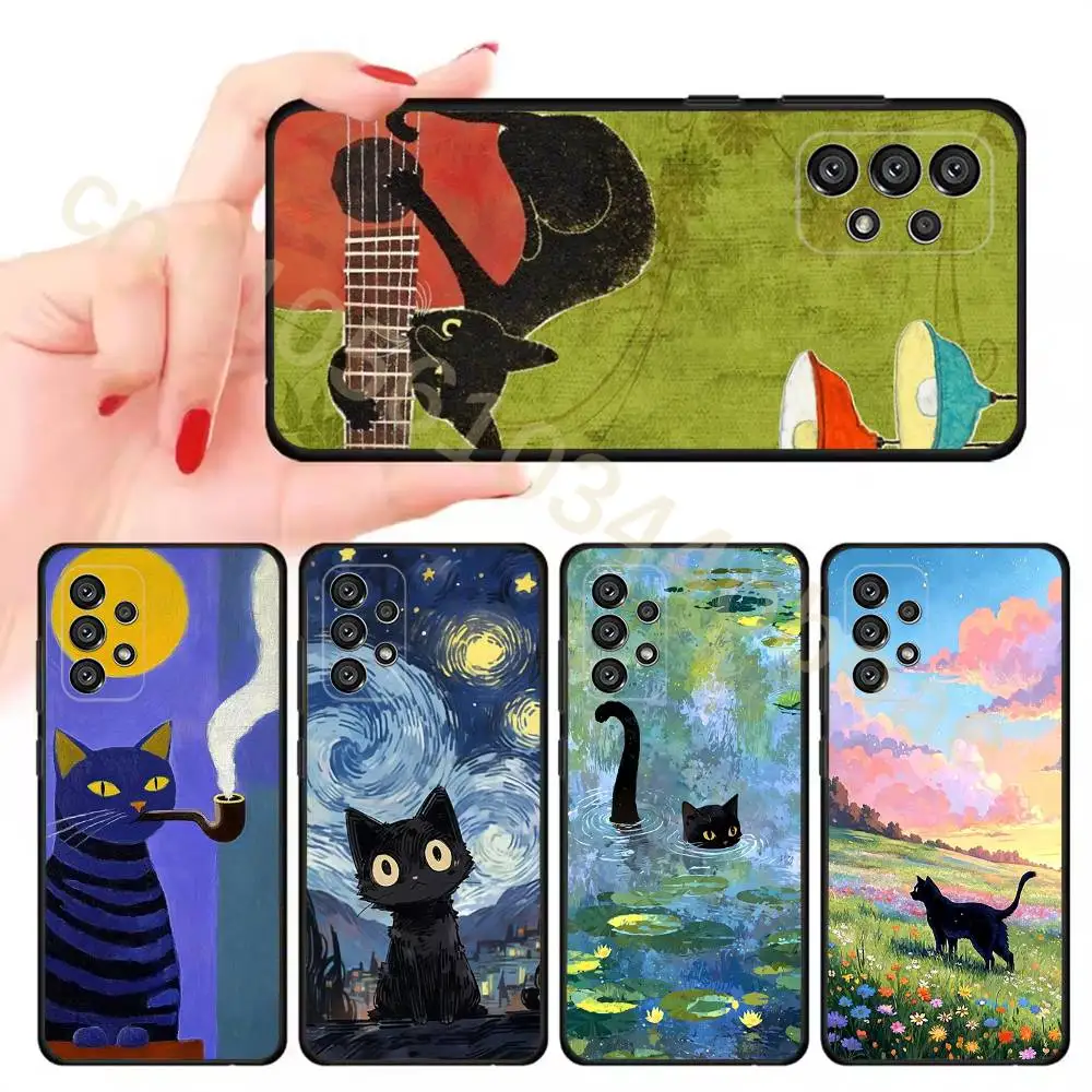 Retro Oil Painting Black Cat Phone Case For Samsung Galaxy A13,21s,22,31,32,52,53,71,80,A91 Soft Black Cover