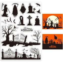 Halloween Grim Reaper Clear Stamps for Scrapbooking Tombstone Withered Tree Transparent Stamps Silicone Clear Stamp Seals