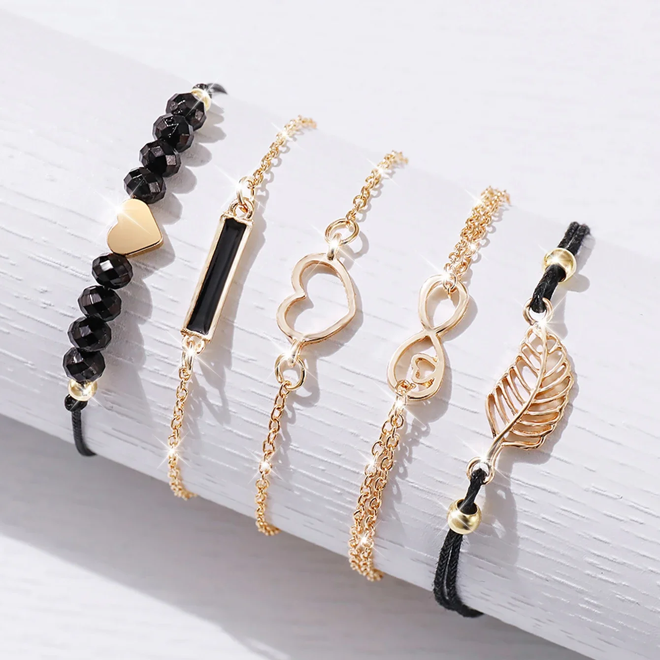 6PCS/Set Fashion Rhinestone Women Watches Heart Leaf Bracelets Set Female Flower Dial Leather Band Quartz Watch(Without Box)