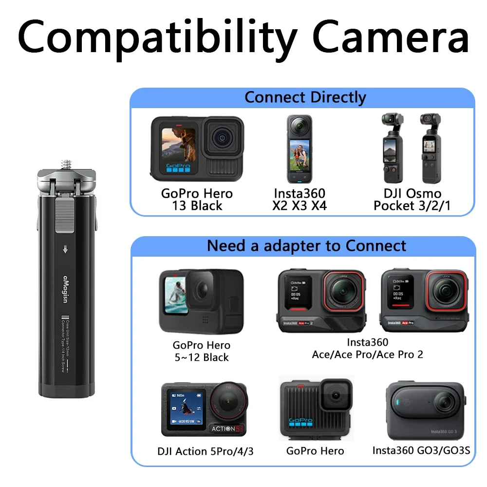 AMagisn-Trépied de perche à selfie en métal, poignée pour Insta360, Bery DJI OSMO Gopro Fore13, 12, 11, 10, 9, accessoires de caméra d'action