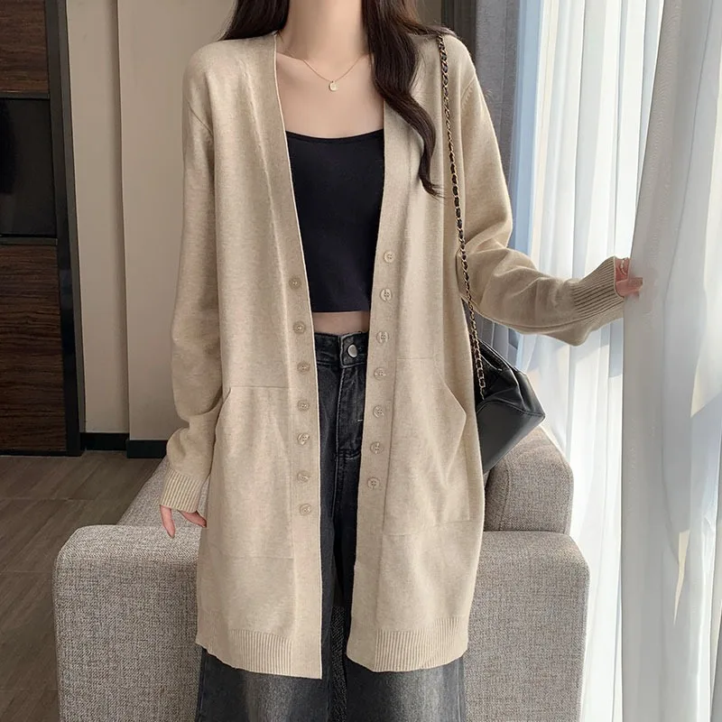 

Весенне-осенний трикотаж средней длины, новый кардиган, женский свитер, куртка, повседневное вязаное шерстяное пальто, женская одежда с карманами