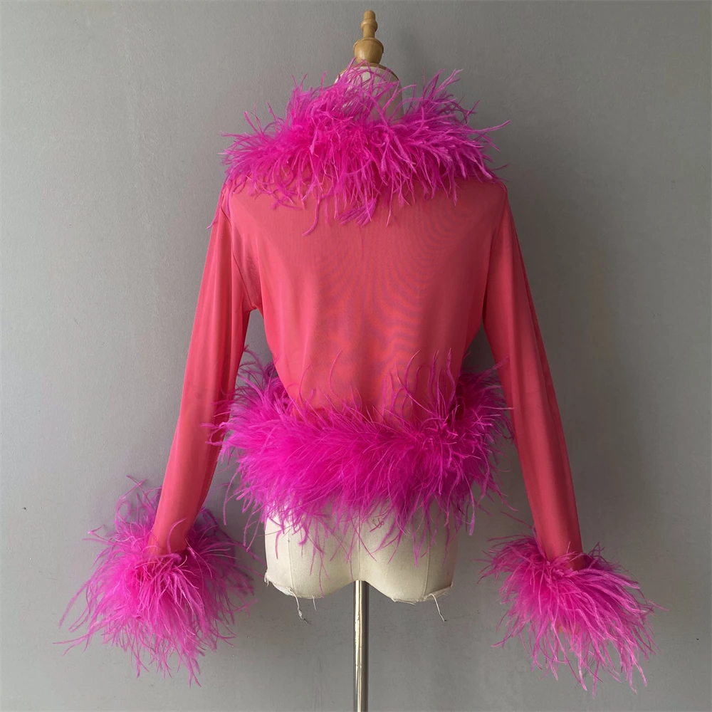Jxwatcher Women's Sexy Mesh Feather Tops Spring Summer Ladies Vintage Celebrity Real Ostrich Feather Coat Fashion Party Wear New
