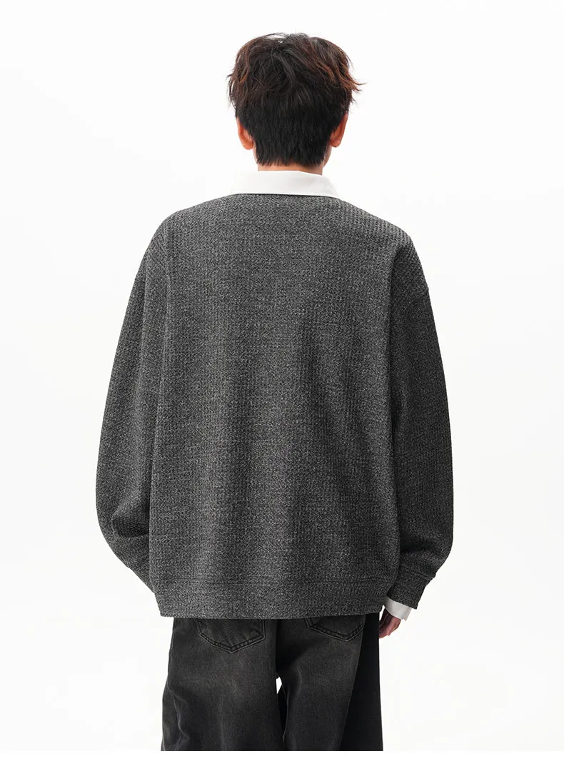 2025 Spring and Autumn New Fake Two-Piece Shirt Collar Light Gray Knitted Sweatshirt Men's Loose Casual Dark Gray Top