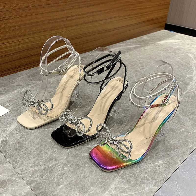 Rhinestone Bow-knot Women Sandals PVC Jelly Pumps Heels Ladies Shoes  Sexy Square Toe Ankle Buckle Strap New Sandals Plus Size