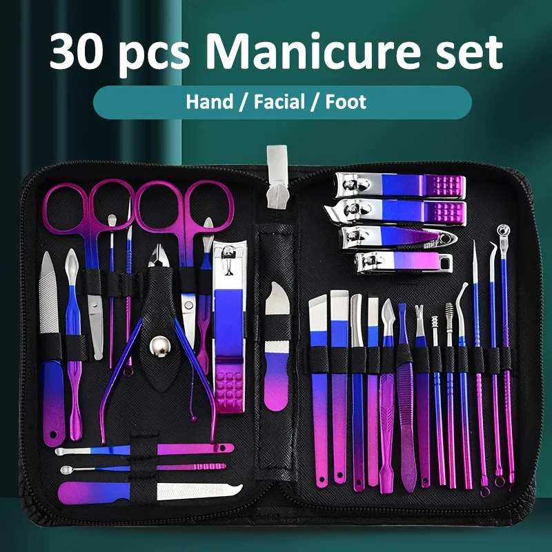 

30pcs Nail Clipper Set Blue-red Manicure Set Anti Splash Fingernail Cutter Stainless Steel Nail Scissor Cuticle Tools