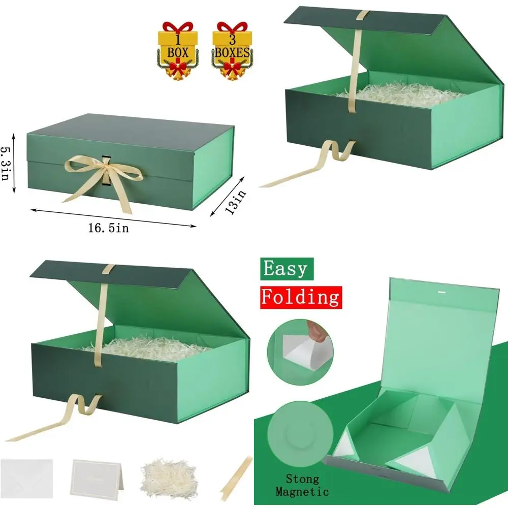 

Зеленые подарочные коробки XL из 3 предметов с магнитной крышкой, 16,5x13x5,3 дюйма, с лентой и наполнителем из измельченной бумаги для рождественских подарков