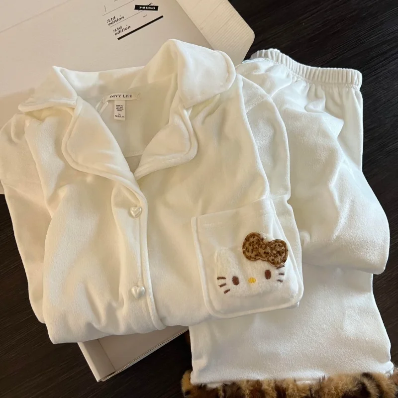 أطقم بيجامات نوم نسائية من سانريو هالو كيتي سراويل شتوية بأكمام طويلة كارتونية كاواي ملابس نوم دافئة ملابس منزلية