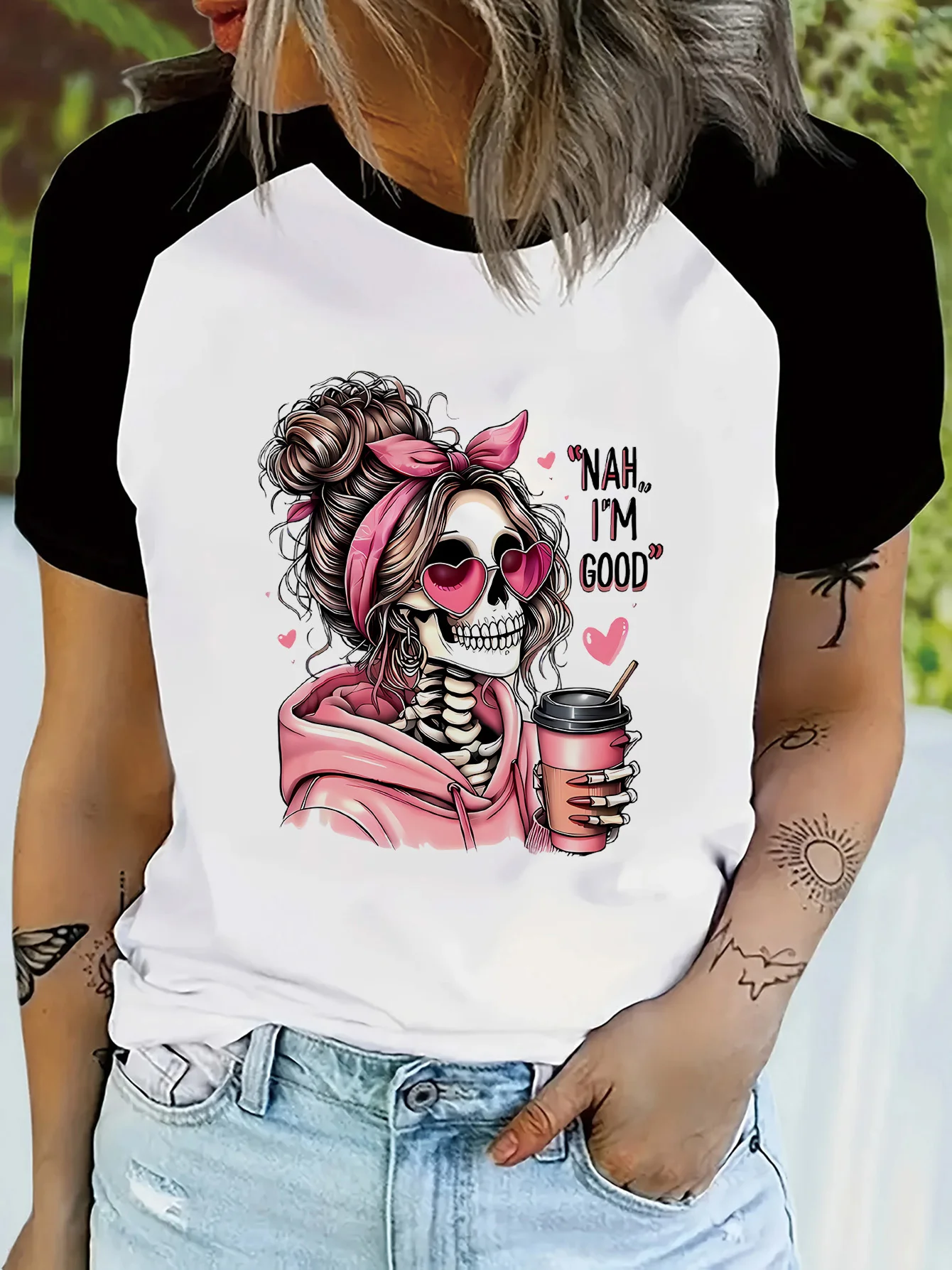 Halloween Skull Portrait Skeleton Graphic Print Raglan Short Skeeve T Shirt for Day of The Dead Women's Casual Y2k T-shirt Femme