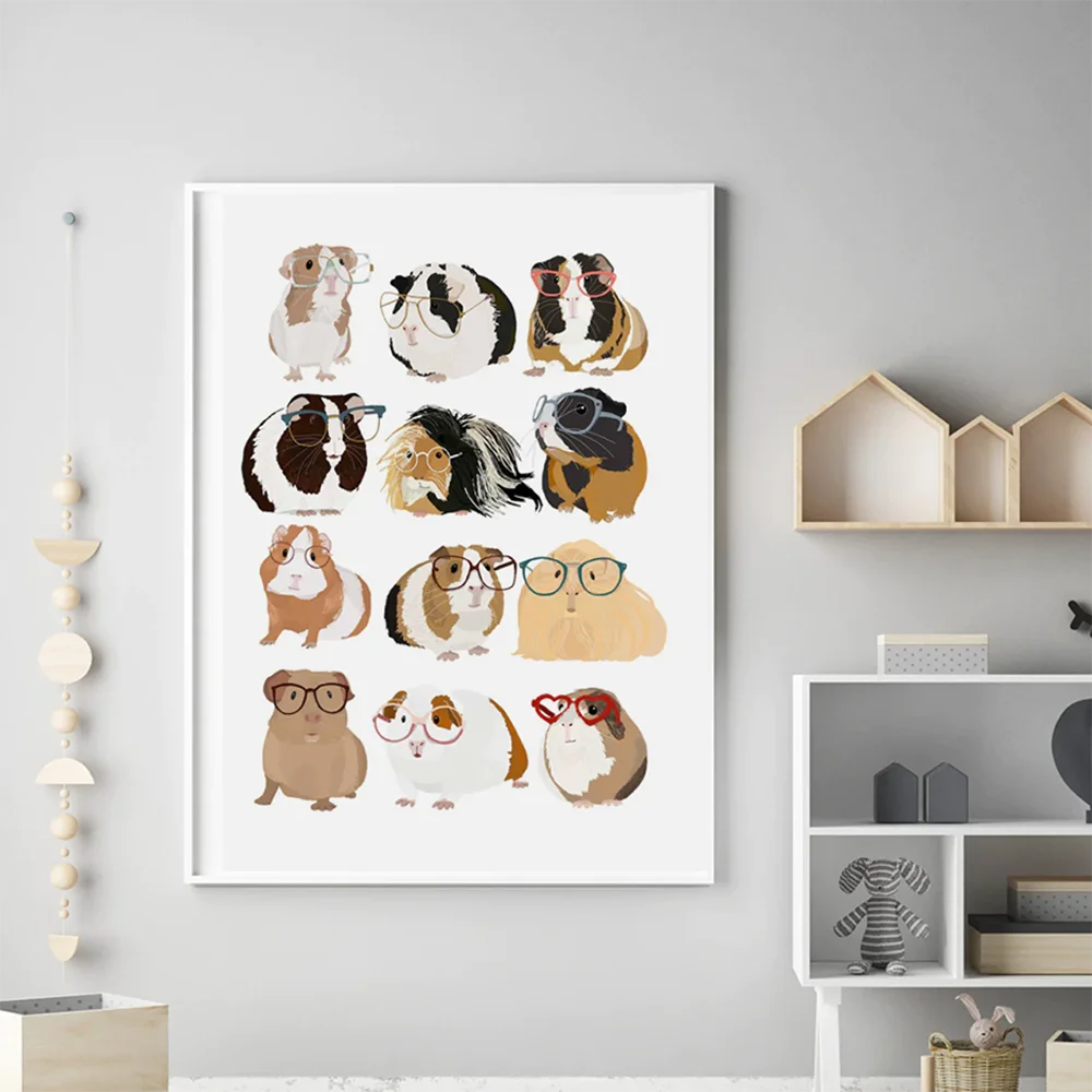 Nursery Wall Art Canvas Posters Print Cartoon Guinea Pig Cats And Dogs With Glasses Painting Nordic Pictures Kids Bedroom Decor