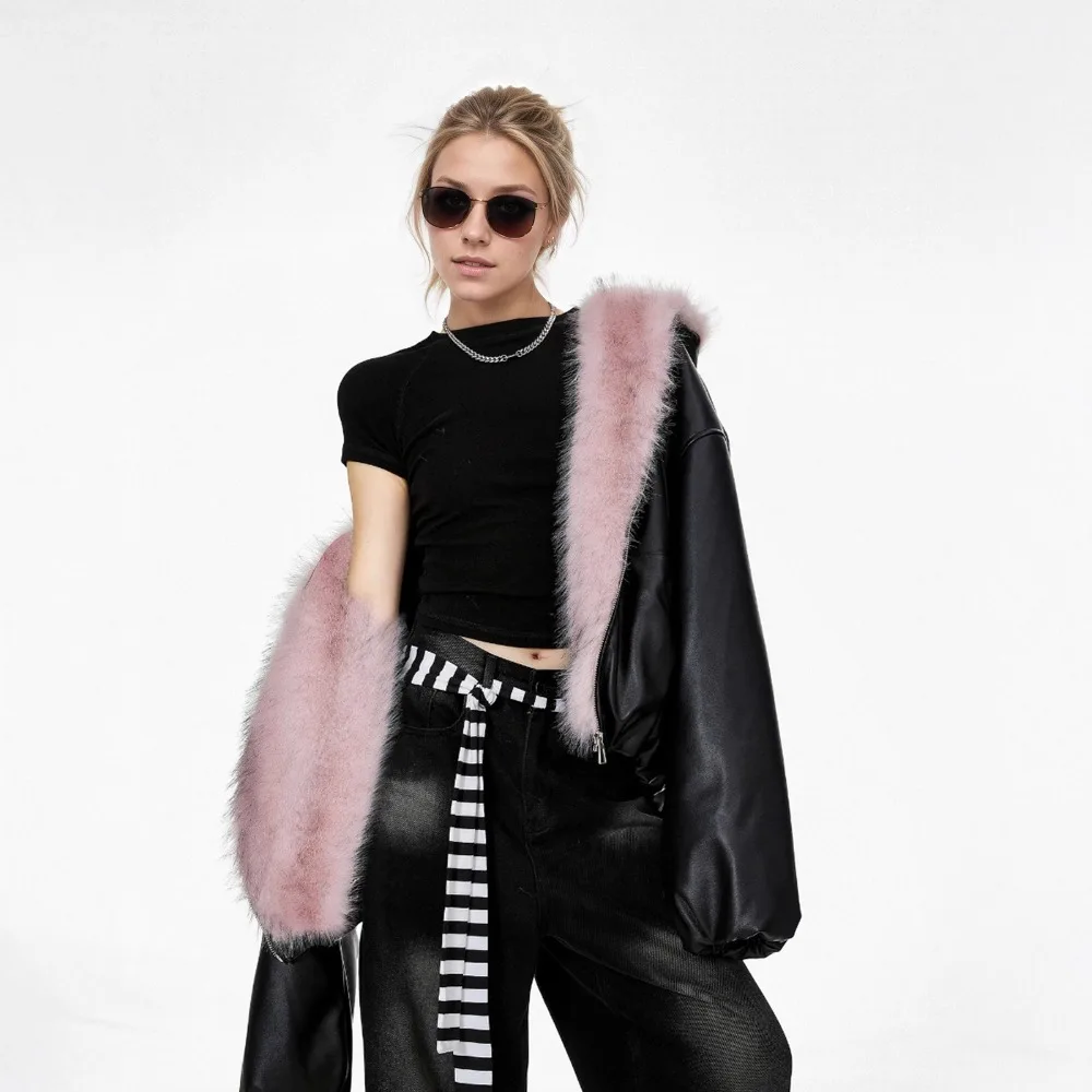 Pink Plush Leather Jacket Women's Winter Design Sense Windproof Hoodie Texture Unique Fashion Simple Casual Daily Premium