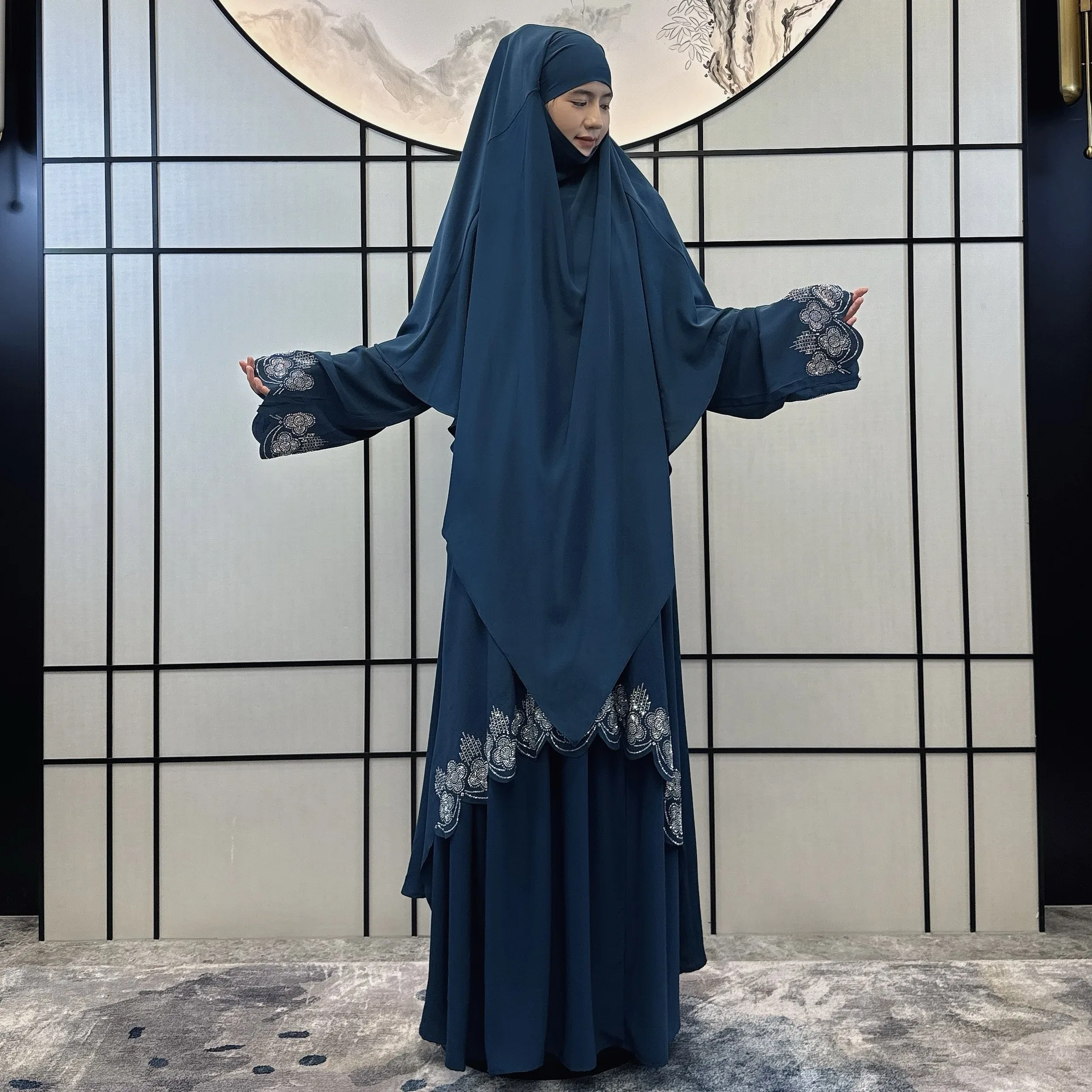 Eid Ramadan Three Piece Set Diamonds Prayer Abaya for Women Khimar Hijab Dress Skirt Muslim Kaftan Robe Islam Clothing Arabic