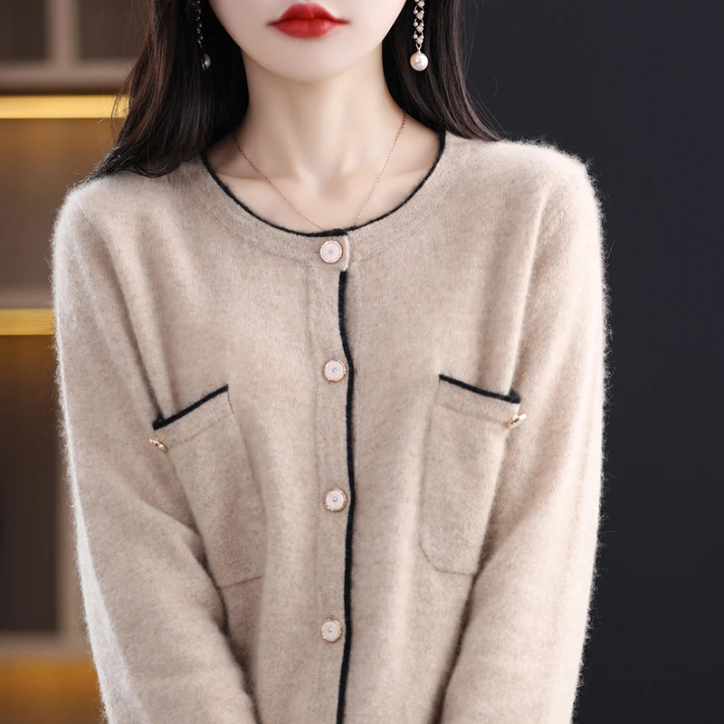 

2023 Spring and Autumn New Women's Round Neck Worsted Pure Wool Cardigan Top Fashion Versatile Cashmere Sweater