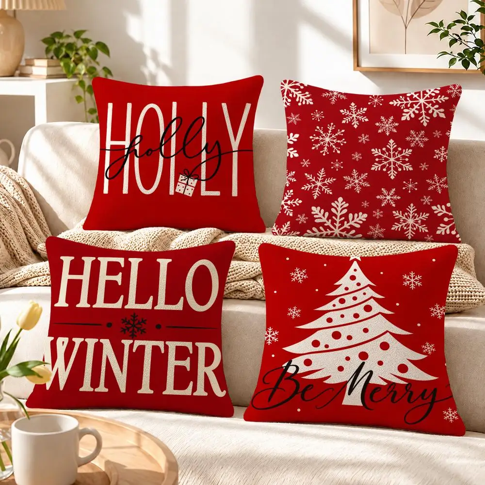 Holiday Modern Hello Winter Christmas Signs Cushion Cover Soft Short‑Plush Pillowcase, Sofa Bedroom Home Decor, Holiday Gift