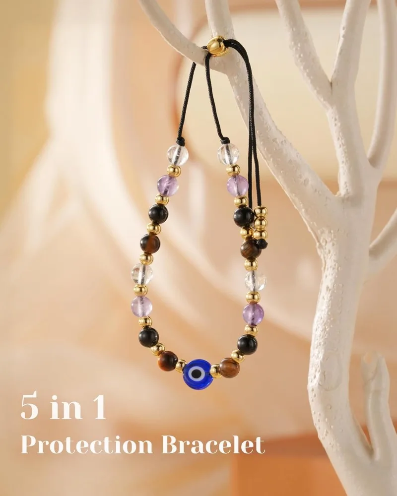 Evil Eye Dainty Natural Crystal Protection Bracelet 5 Healing Stones Clear Quartz Amethyst Tiger Eye Spiritual Guardian Jewelry