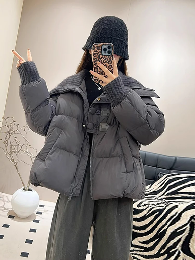 Korean Style Short Knitted Splicing Cotton Jacket Women's Bread Outerwear Winter New Arrival Small Size Trendy Coat