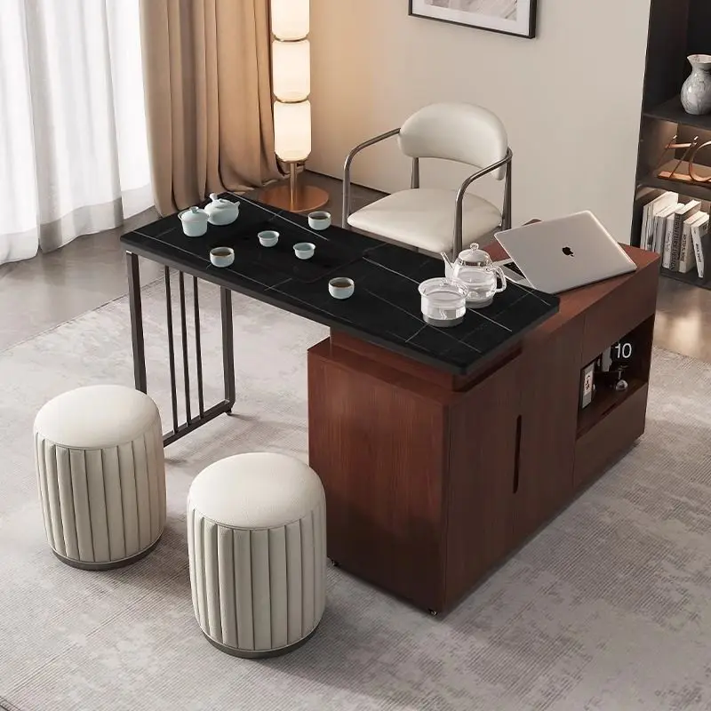 Medieval style balcony rock slab tea table household solid wood small table small mobile rotating tea cart table side