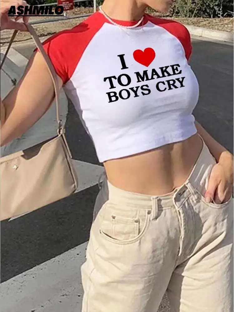 Women Y2k T-shirt I LOVE TO MAKE BOYS CRY Letter Print Korean Harajuku Streetwear Short Sleeve Crop Tops Tees Aesthetic Clothing