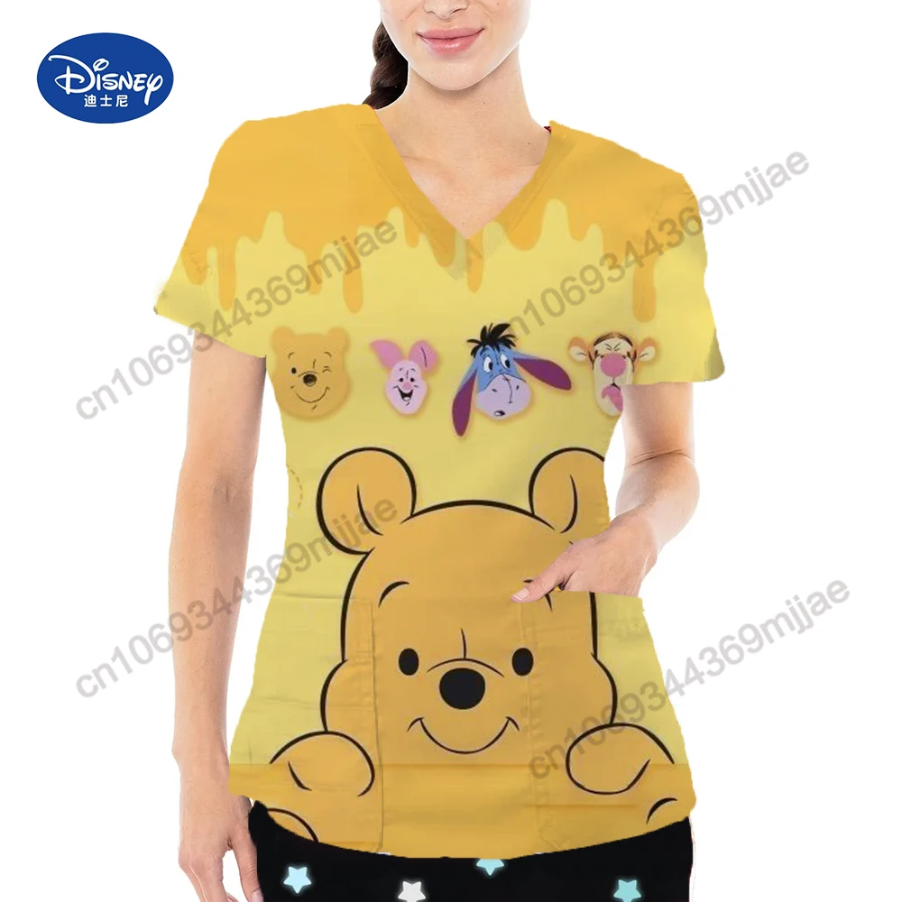 2024 Summer New Pretty Disney Cartoon pattern Double Pocket V-Neck Design Style Comfortable Clothing Female nurse\'s uniform