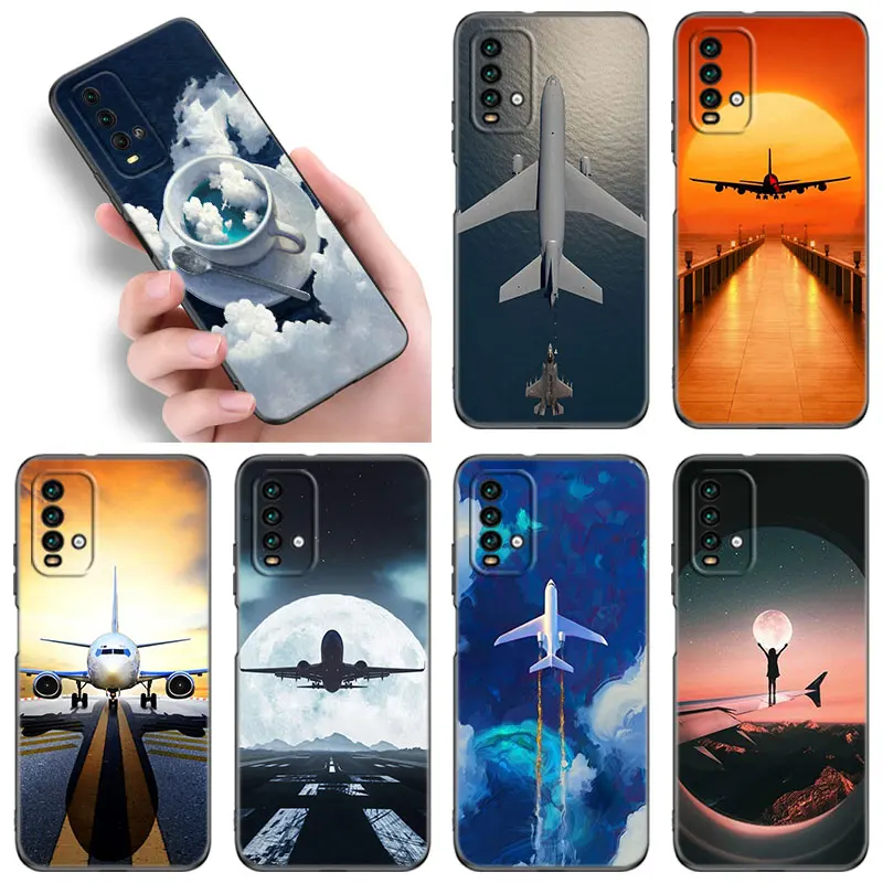 Travel Airplane Black Silicone Phone Case For Xiaomi Redmi 10 Prime A1 A2 Plus 9 9A 9C 9T 10A 10C 12 12C 13C