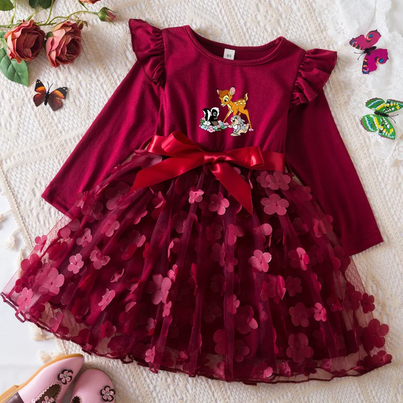 Bambi Autumn Dress for Kid's Casual Clothes 3D Butterfly Cute Long Sleeve Baby Girls Princess Dress Party Dresses 2-6 Yrs