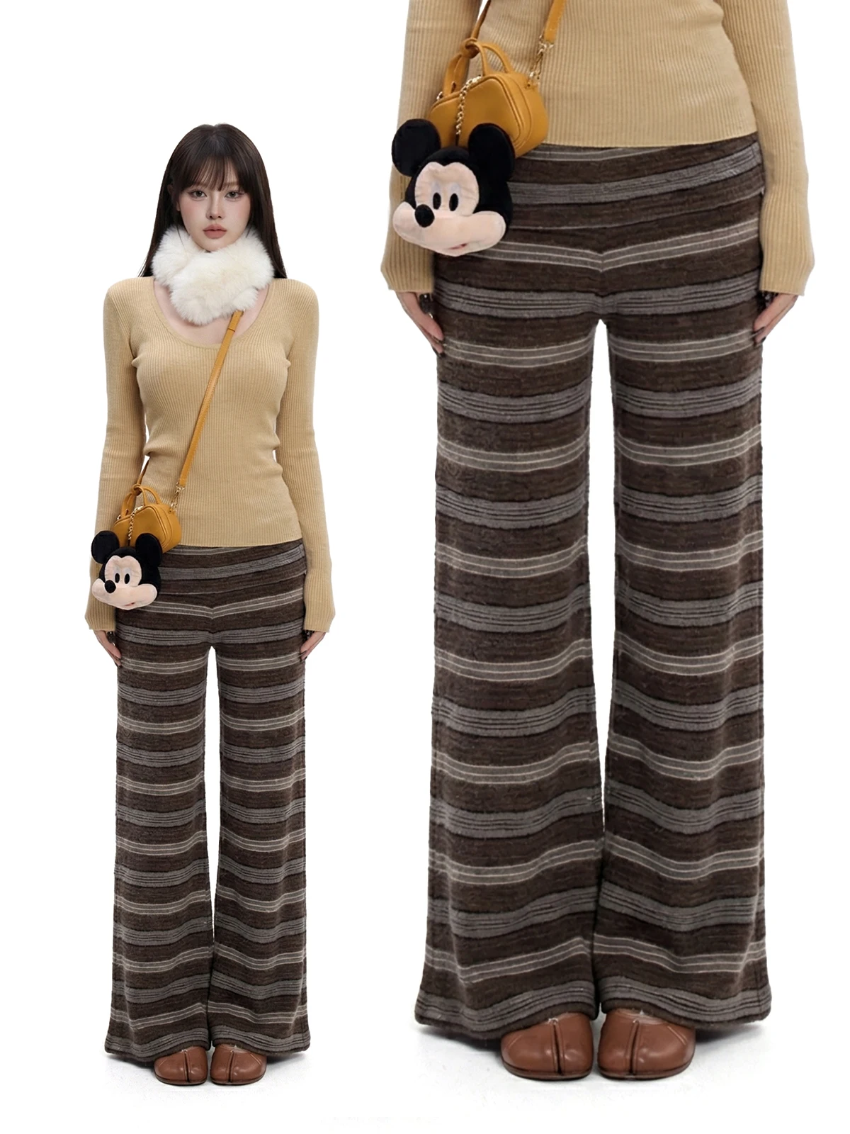 

Low Waist Striped Casual Pants Women's Coffee Color Wide Leg Pants Spring New Sle Vintage Slimming Effect Daily Wear