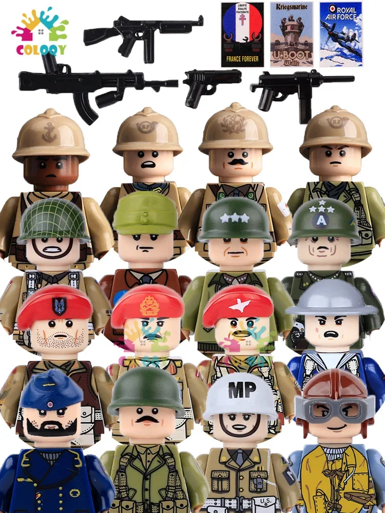 Nouveaux jouets pour enfants, soldats de la Seconde Guerre mondiale, blocs de construction, figurines d'action miniatures soviétiques, américaines, françaises, britanniques, jouets pour enfants,