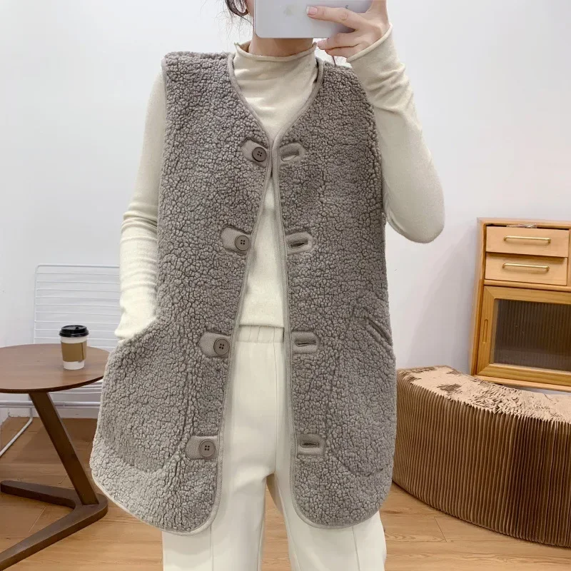 Women Vests Sleeveless Single Breasted Coats Jackets Pockets Two Sided Dressing Round Neck Cardigan Casual Outerwear Jacket