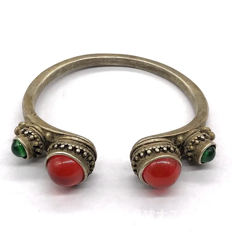 Antique Collection Vintage Old Silver Inlaid Green Chalcedony Red Agate Bracelet Miao Silver Opening Ladies' Bracelet Wholesale