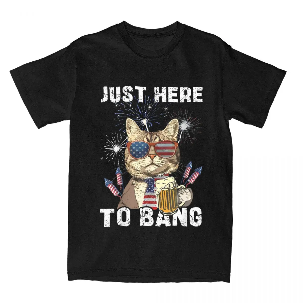 Men's T-Shirts Just Here To Bang USA Flag Leisure 100% Cotton Tees Firework Cat Funny 4th Of July T Shirt Clothing Plus Size