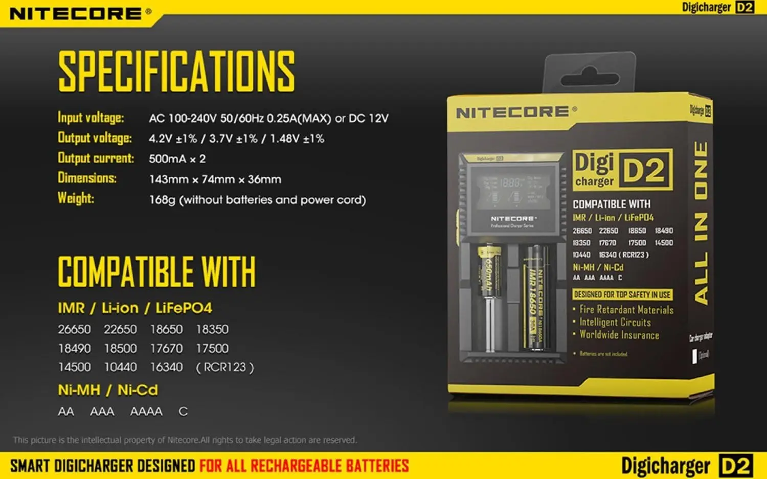 Nitecore D2 شاحن ذكي LCD 2015 لـ 18650 26650 AA AAA Ni-MH Ni-Cd مع أسلاك وفواصل تيار متردد/تيار مستمر