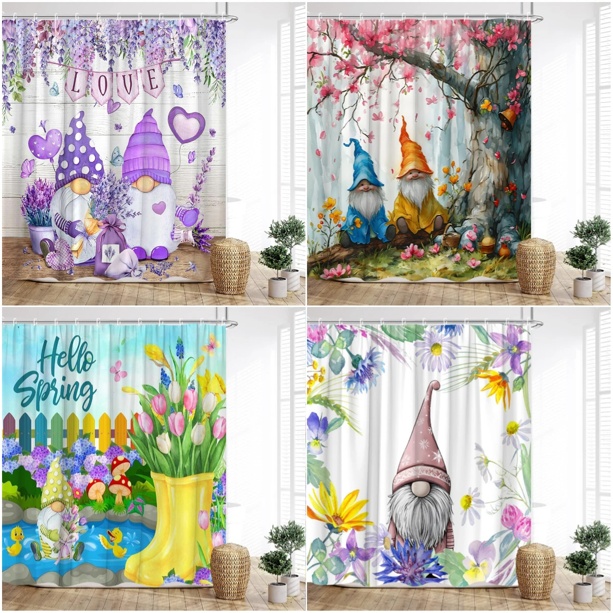 Spring Elf Shower Curtain, Gnome Egg Plant Sunflower Flower Farm Plank Cartoon Cute Print Family Bathroom Decor with Hooks