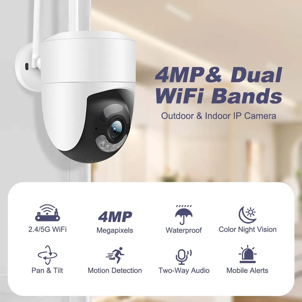 Kamera WiFi 4MP Tuya, zewnętrzna bezprzewodowa, kamera monitorująca Wi-Fi 2.4G / 5G, ochrona bezpieczeństwa automatycznego śledzenia, mini kamera IP