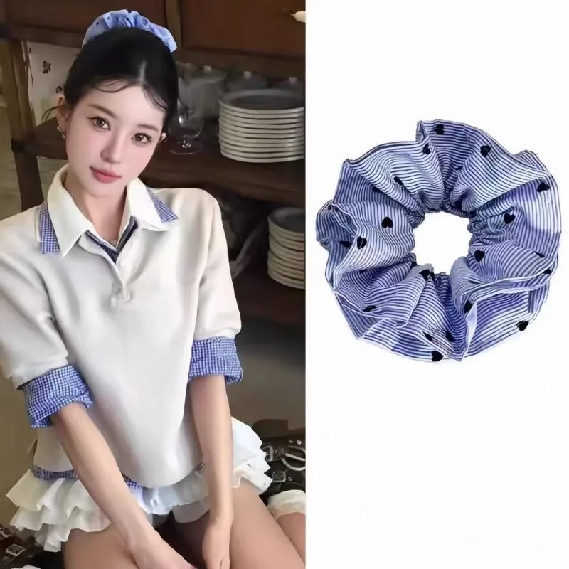 

French Blue Pleated Hair Band Women Striped Heart Polka Dot Rubber Band