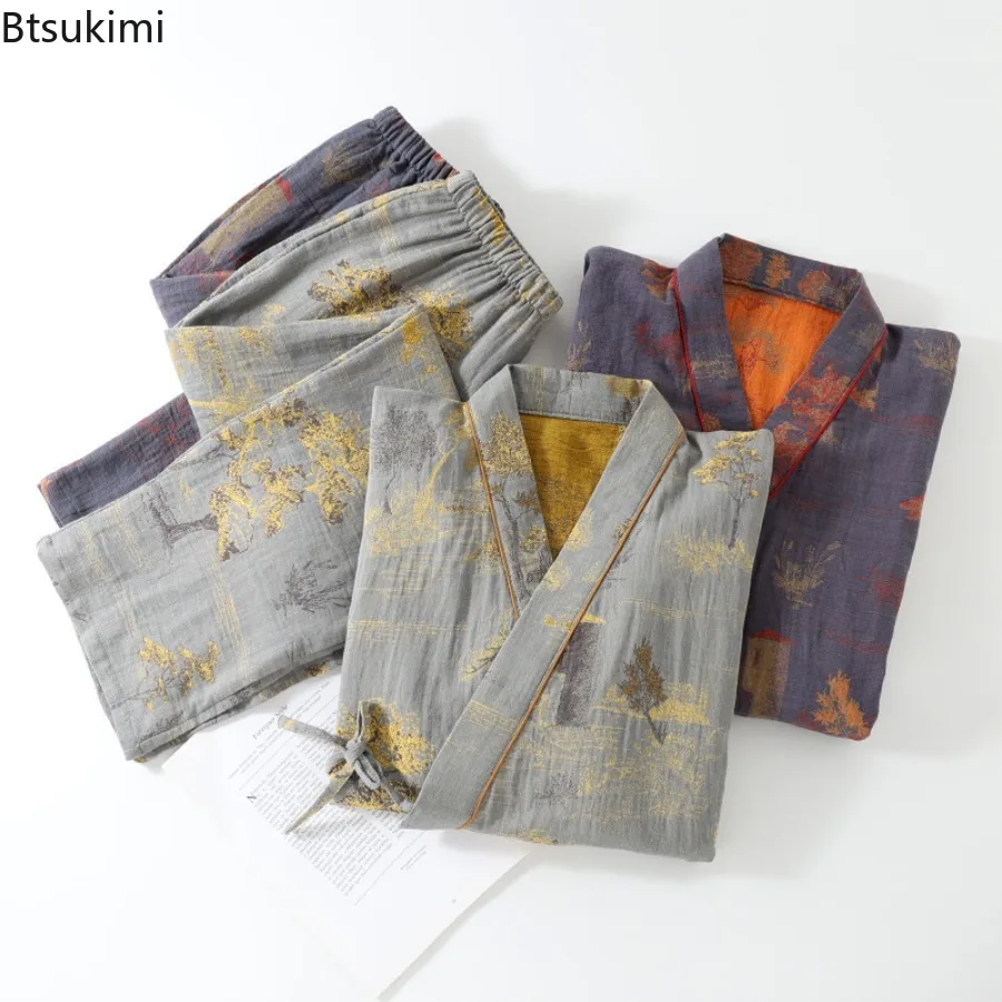 Men's Roomwear Cotton Kimono Pajamas Robes for Spring Jacquard Printed Home Clothing Medium Length Oversized Breathable Bathrobe