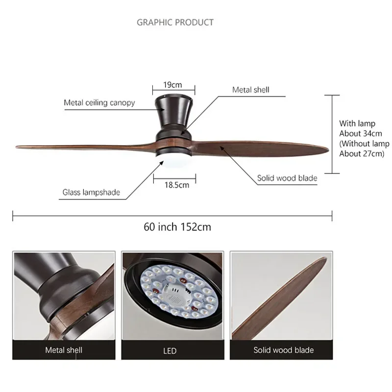 Imagem -05 - Duas Folhas de Madeira Maciça Ventilador de Teto para o Agregado Familiar Minimalista Sala de Jantar Lâmpada Sala e Quarto Luz Elétrica Variável