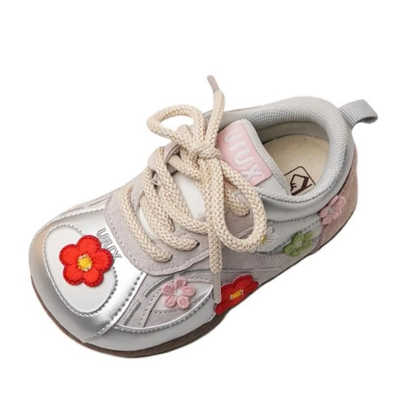 2025 New Kids Girls Sneakers With Cute Flowers Silver Fashion Sports Shoes For Toddler Women  Baby Female Soft Sole Walkers Out