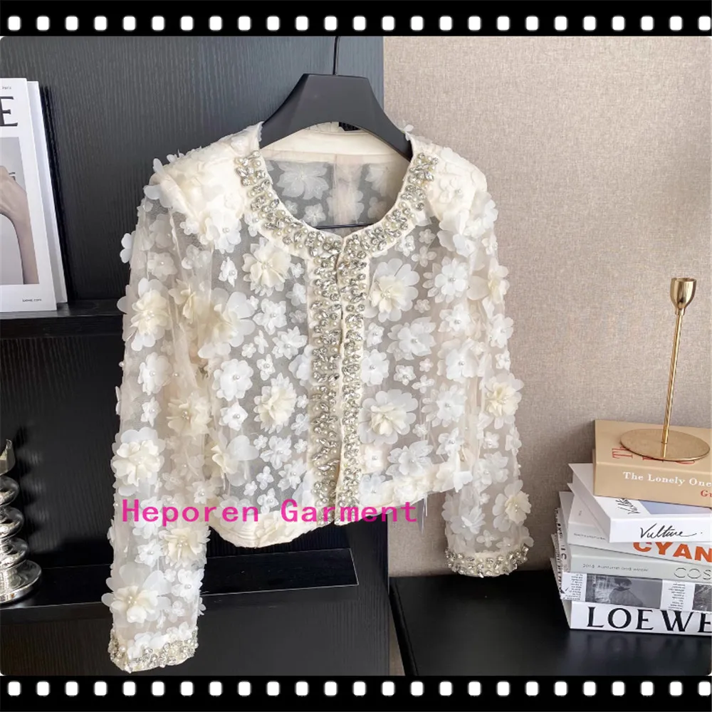 Ladies Flower Bling Coat 3D Floral Organza With Crystal Beads & Pearls Embroidery Luxury Boutique Short Top With Long Sleeves
