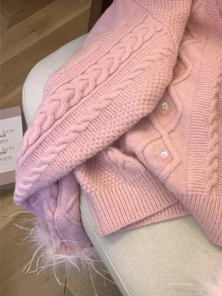 Formal Occasion Women Pink Cardigan Luxury Fashion Sequins Sweater Autumn Long Sleeve Plush Knitted Pullover 90s Autumn Winter