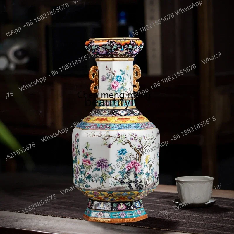 Jingdezhen Ceramics Vase Enamel Binaural Porcelain Bottle Light Luxury High-End Home Living Room Decoration Ornaments
