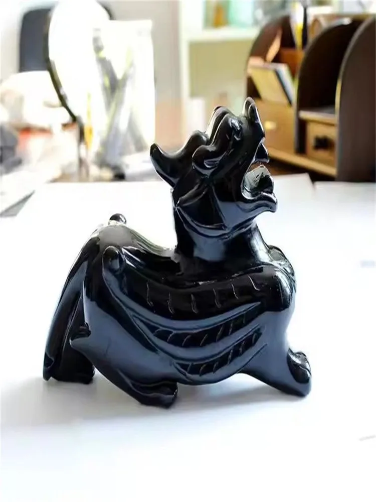 Natural Obsidian Stone Sculpture Pi Xiu Quartz Crystal Mineral Gods Beast Qilin Zhaocai Office Desktop Degaussing Decoration