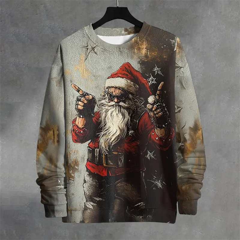 

Fashion Punk Santa Clause Graphic Men's O-Neck Hoodies 3D Print Christmas Theme Long Sleeve Tops Creative Design Casual Clothing