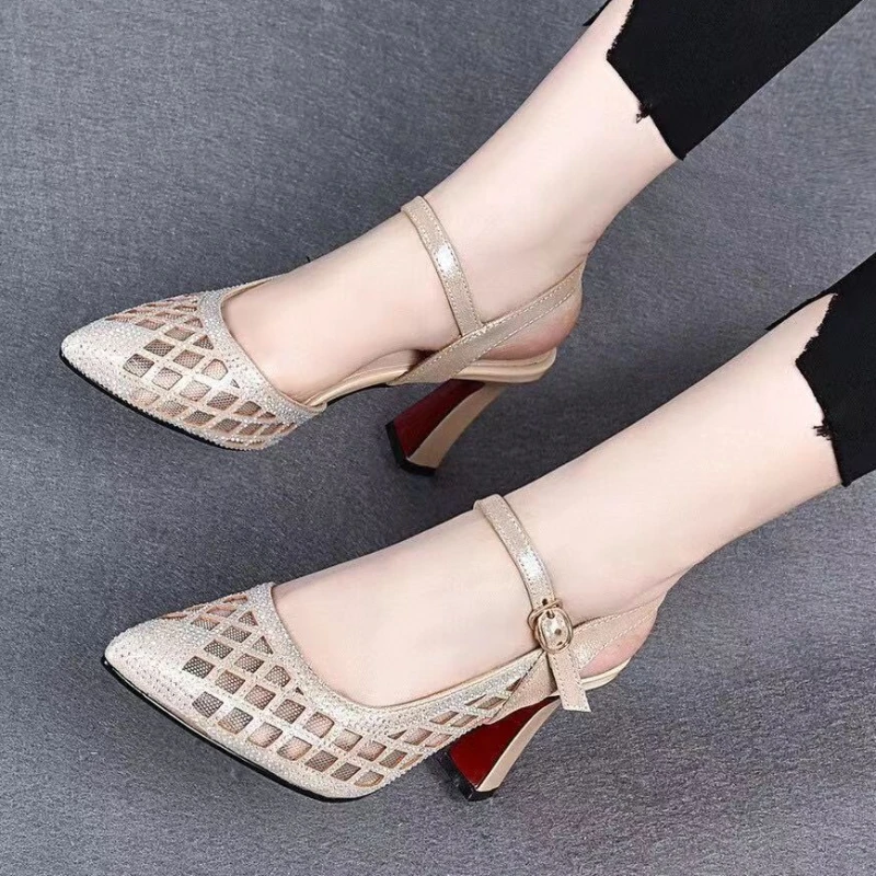 Shoes for Women 2023 New Spring and Autumn Women\'s Pumps Net Cloth Net Grid Breathable One Word Buckle Pointed Toe Shoes Women