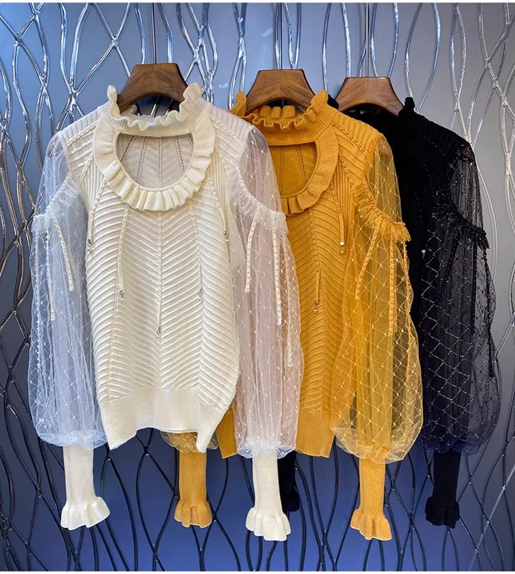 High Quality Brand New Sweaters 2023 Autumn Winter Pullovers Ladies Ruffle Collar Sexy Tulle Mesh Knitted White Yellow Jumpers