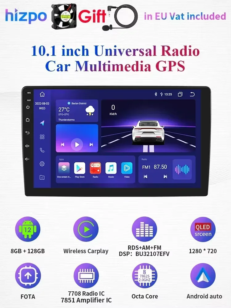 Hizpo 2Din 10,1' 10,33' Universal AutoRadio Carplay 4G WIFI BT GPS AI Systeme Android 13 Auto Radio GPS Navigation RDS Player Cam