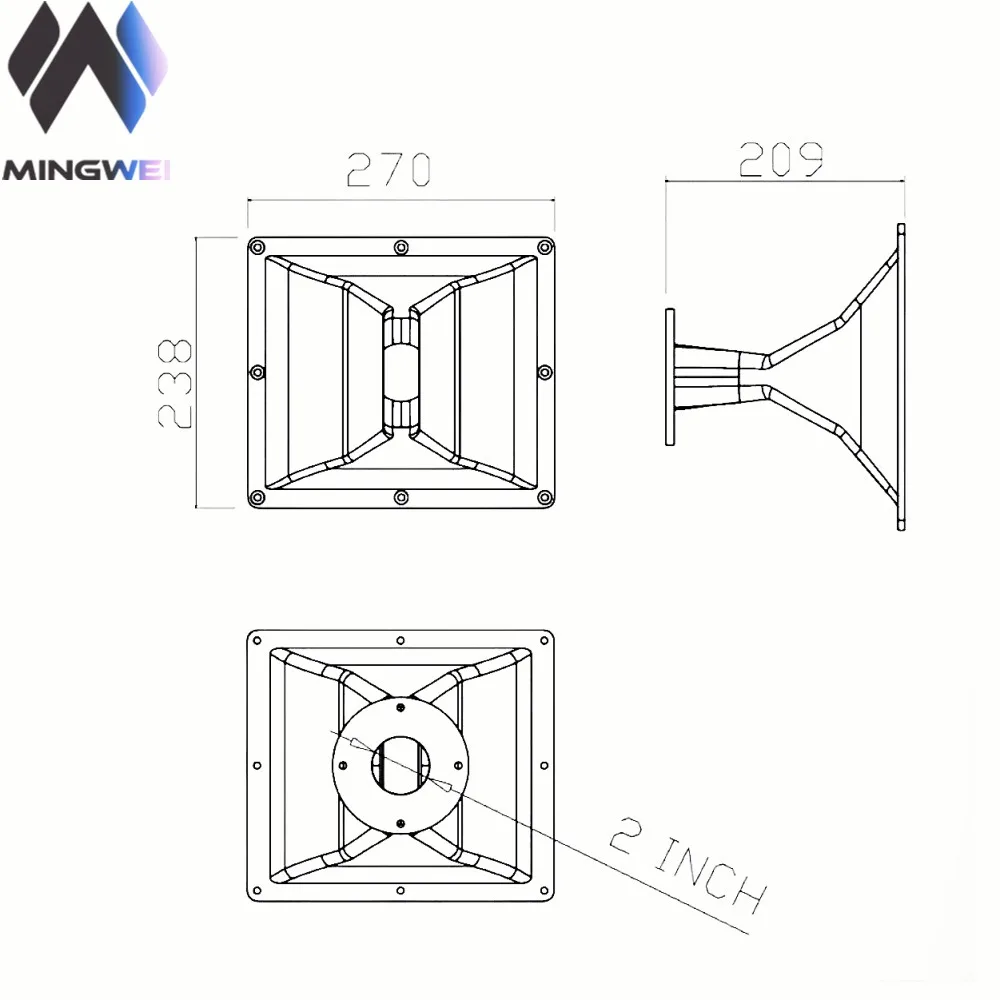 MW Audio 2" Halsdurchmesser 270x238x209mm Fiberglas-Quadratwellenleiterhorn mit 4-Bolzen-Befestigung für Pro-Audio-Line-Array-HF-Kompressionstreiber – Detail 1